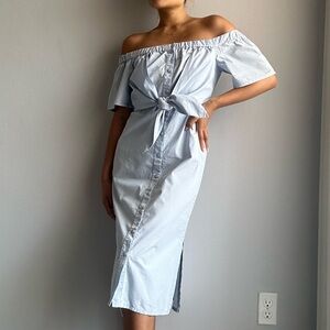 Topshop Bardot Tie Front Off Shoulder Button Up Backless Midi Dress in Baby Blue